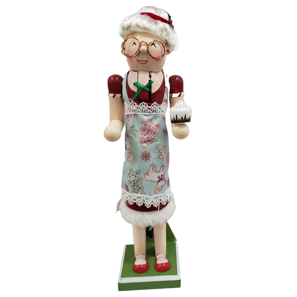 Wooden Christmas Nutcracker,15", WHITE MRS. CLAUS IN APRON WITH CUPCAKE,ATH